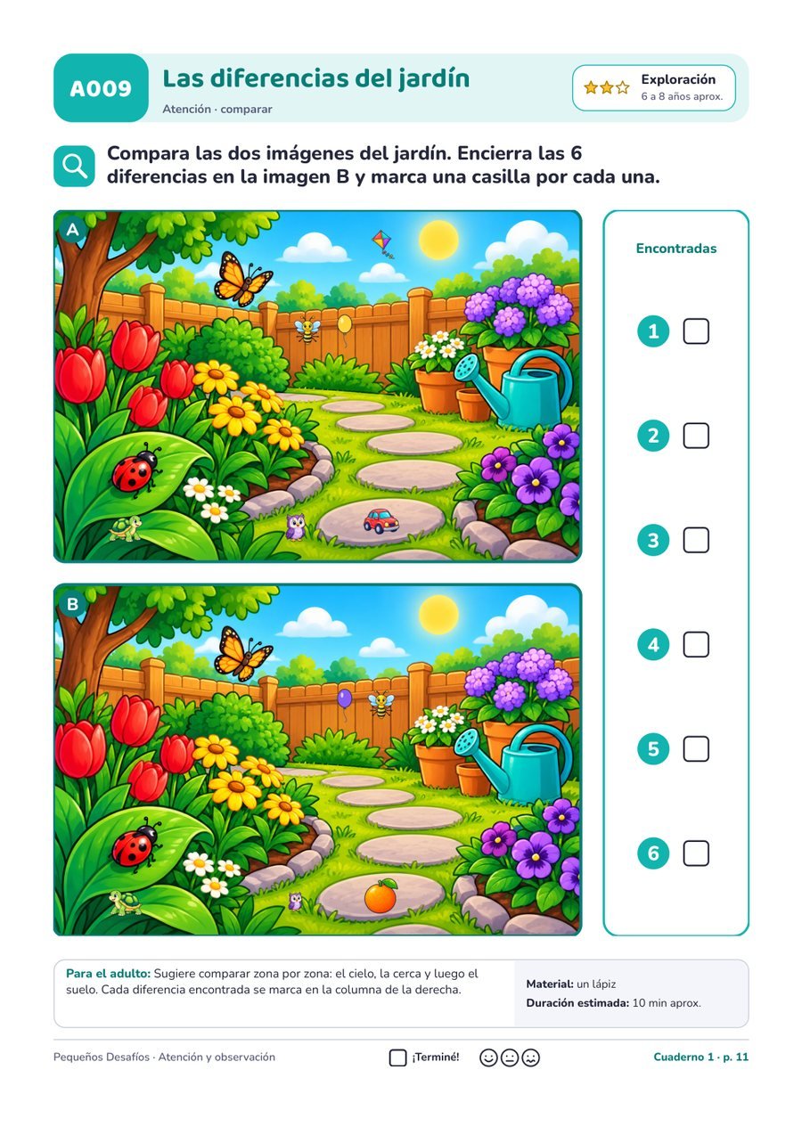 Página A009 del pack Pequeños Desafíos: Encontrar las 6 diferencias del jardín · atención