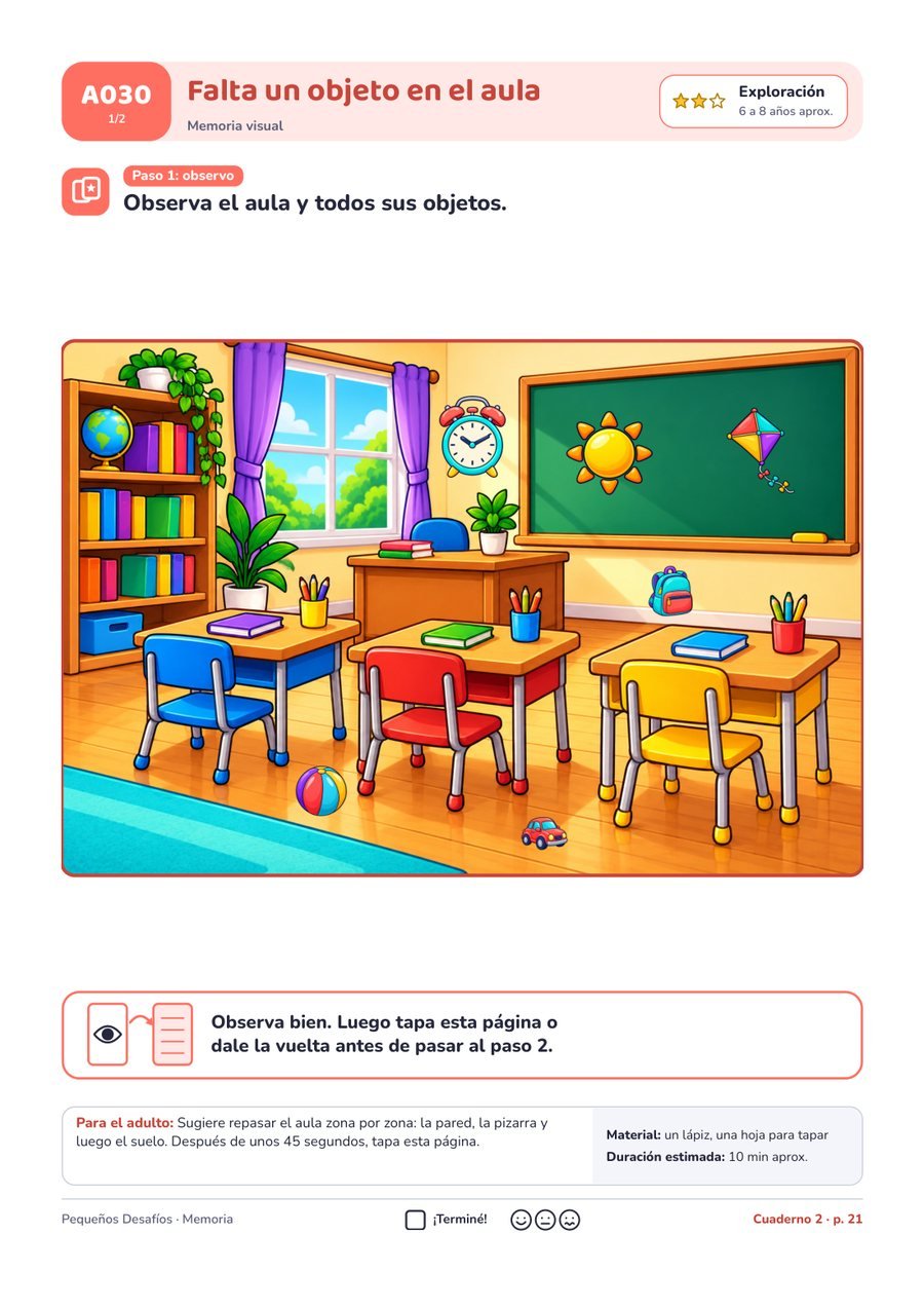 Página A030 del pack Pequeños Desafíos: Observar el aula y después encontrar el objeto que falta · memoria