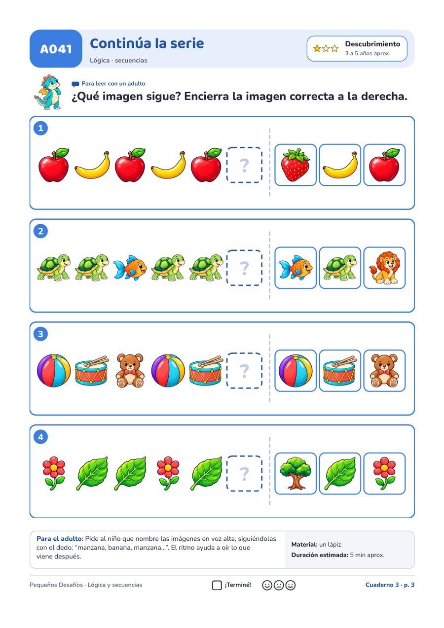Página A041 del pack Pequeños Desafíos: Continuar una serie de imágenes · lógica